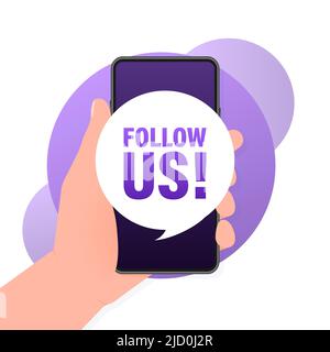 Follow us smartphone banner in 3D style on white background. Vector illustration. Stock Vector