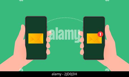 Modern flat icon with file transfer from smartphone to smartphone on green background. Document icon vector. Isometric vector. Stock Vector