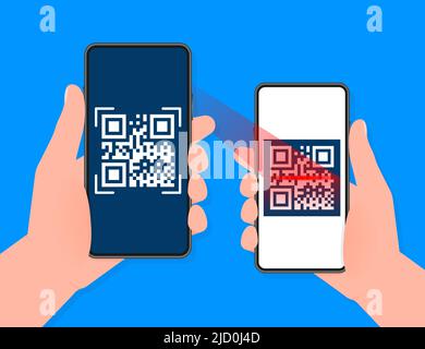 Hand holds phone with scan qr code to pay on screen. Phone on blue background. Vector illustration. Stock Vector