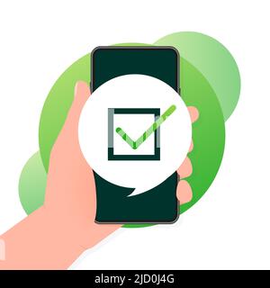 Hand holds phone with check mark on screen on green background. Vector illustration. Stock Vector