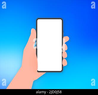 Hand holds phone with blue screen. Phone on white background. Vector illustration. Stock Vector