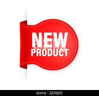 New product. Realistic badge in red color. Product advertising. Web design. Vector illustration. Stock Vector