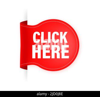 Icon with click here red ribbon on white background for web marketing design. Flat deign. Vector illustration. Stock Vector