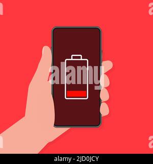 Discharged charged battery smartphone - vector infographic. Isolated on red background. Stock Vector