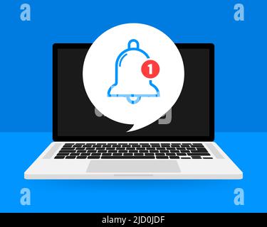 Flat template with bell alert and laptop on blue background for mobile app design. Application interface. Comment sign symbol. Vector illustration. Stock Vector