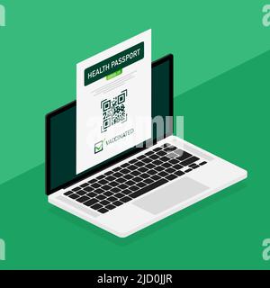 Health passport qr code in linear style on green background. Coronavirus vaccination. Vaccine certificate card Stock Vector