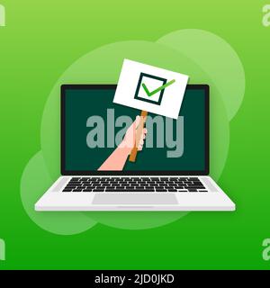 Laptop having approved tick notification, successful operation check mark. Laptop with checkmark notification Stock Vector