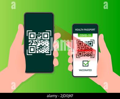 Health passport qr code in linear style on green background. Coronavirus vaccination. Vaccine certificate card Stock Vector