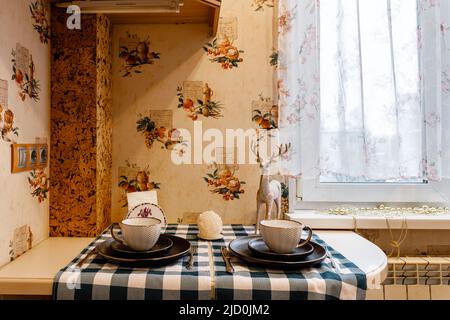 Very beautiful table setting before guests arrive  Stock Photo