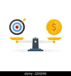 Flat target vs money on scales. Time management. Vector illustration Stock Vector