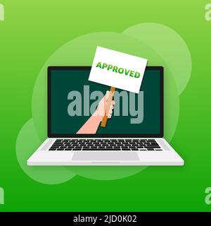 Laptop having approved tick notification, successful operation check mark. Laptop with checkmark notification Stock Vector