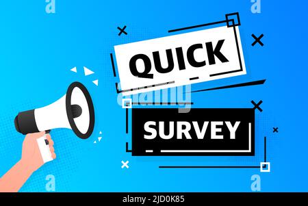 Megaphone blue banner with quick survey sign. Vector illustration Stock Vector