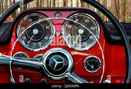 Retro styled image of an old Mercedes-Benz classic sports car dashboard Stock Photo