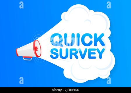 Megaphone blue banner with quick survey sign. Vector illustration Stock Vector