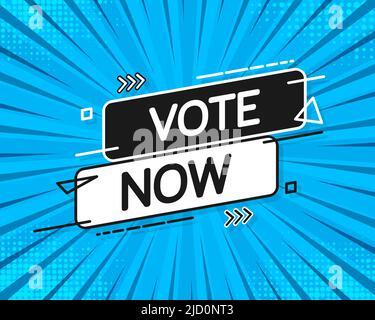 Vote now flat vector banner on blue background. Poster banner design. Vector illustration Stock Vector