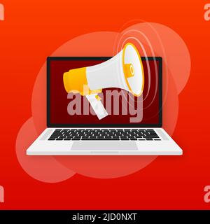 Megaphone sign with laptop. Internet advertisement. Flat vector illustration. Social media Stock Vector