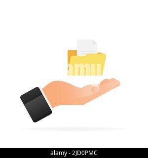 Realistic illustration with file yellow hold documents on white background for paper design. Flat design template. Business folder, document Stock Vector