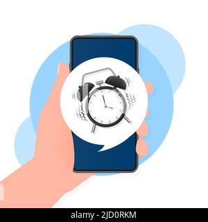 Classic alarm with hand and smartphone, great design for any purposes. Flat cartoon vector illustration. Sale vector illustration Stock Vector