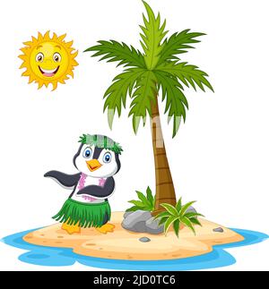 Cartoon Hawaii hula penguin in the tropical island Stock Vector