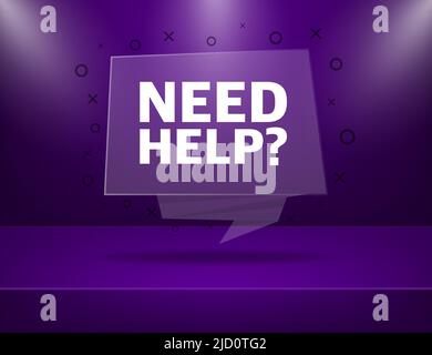 Need Help purple banner in 3D style on white background. Vector illustration. Stock Vector