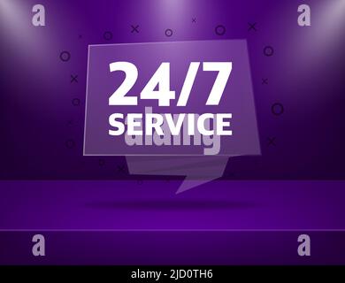 Service 24 7 banner in flat style on dark background. Vector illustration Stock Vector