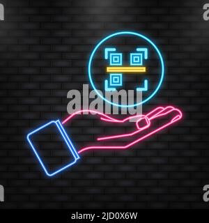 Neon Icon. Hand holds qr code to pay on screen. Phone on green background. Vector illustration. Stock Vector