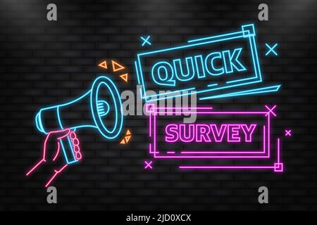 Neon Icon. Megaphone blue banner with quick survey sign. Vector illustration. Stock Vector