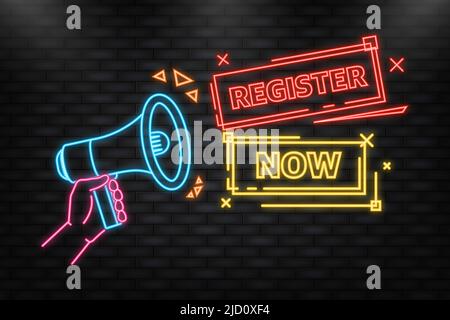Neon Icon. Yellow register now label in modern style on white background. Banner promotion Stock Vector