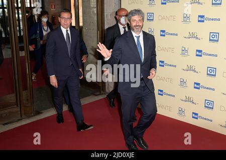 Rome, Italy. 16th June, 2022. President of the Cahmber of Deputies Roberto Fico (R) attends the red carpet of the premiere of the movie Dante at the Auditorium della Conciliazione. Credit: SOPA Images Limited/Alamy Live News Stock Photo