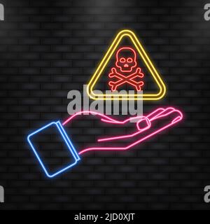 Neon Icon. Danger yellow icon in hand vector signs. Radiation sign, Biohazard sign. Vector illustration. Stock Vector