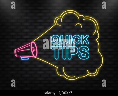 Neon Icon. Quick tips megaphone yellow banner in 3D style on white background. Vector illustration. Stock Vector