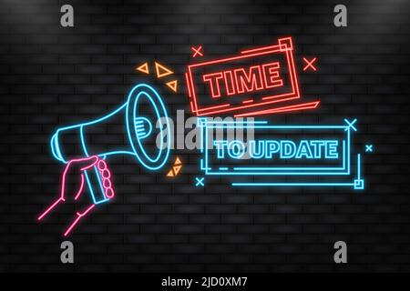 Neon Icon. Megaphone blue banner with time to update sign. Vector illustration. Stock Vector