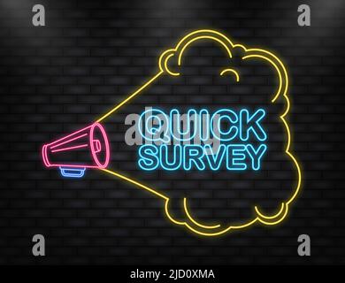 Neon Icon. Megaphone blue banner with quick survey sign. Vector illustration. Stock Vector