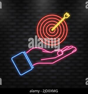 Neon Icon. Arrow hit goal ring with hand in archery target. Vector illustration. Stock Vector