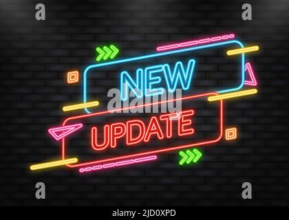 Neon Icon. New update flat label on blue background. Red banner. Vector illustration. Stock Vector