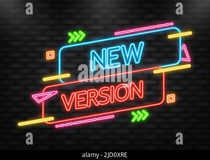 New version neon label on blue background. Red banner. Vector illustration Stock Vector