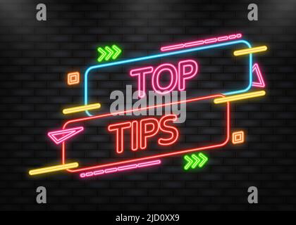 Top tips neon banner on blue background. Vector illustration Stock Vector