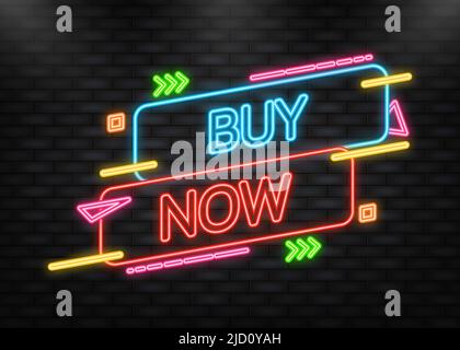Neon buy now banner on blue background. Buy offer sticker. Vector background. Vector design banner Stock Vector