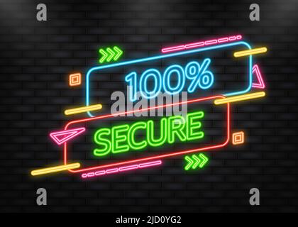 Neon Icon. 100 percent Secure banner vector stamp. Badge or button for commerce website on blue background. Stock Vector