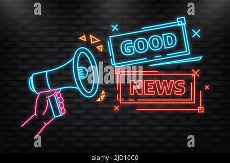 Neon Icon. Megaphone blue banner with good news sign. Vector illustration Stock Vector