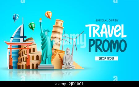 Travel promo vector design. Travel promo special offer text with worldwide destination landmarks for tourist vacation travel and visit. Stock Vector