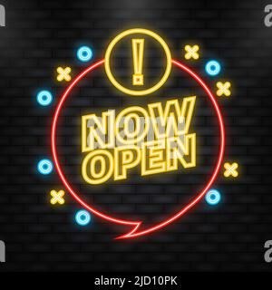 Neon Icon. Vector now open red banner. Label with text in flat style. Vector illustration. Stock Vector