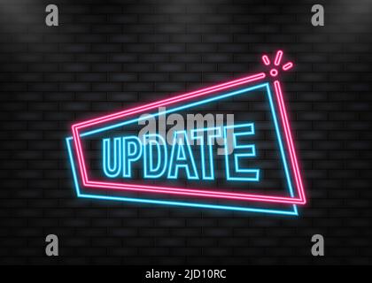 Neon Icon. Update flat label on blue background. Red banner. Vector illustration. Stock Vector