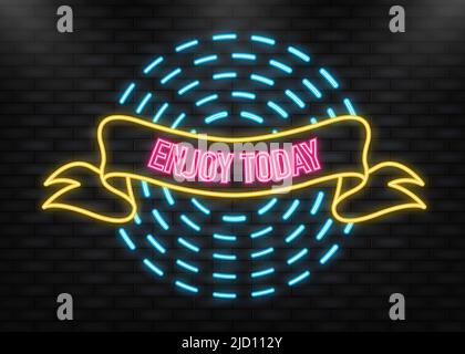 Neon Icon. Vintage enjoy today ribbon banner on dark background. Vector illustration design. Stock Vector