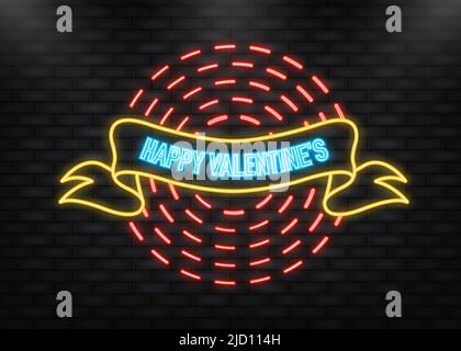 Happy valentines in neon style. Heart love vector background. Text box. Happy valentines in abstract style on red background. Stock Vector