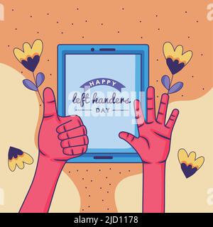 left handers day lettering with tablet Stock Vector