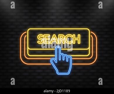 Neon Icon. Icon with violet search neon button on white background for web marketing design. Flat deign. Stock Vector