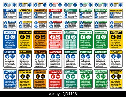 Use Gloves And Eye Protection Sign on white background Stock Vector