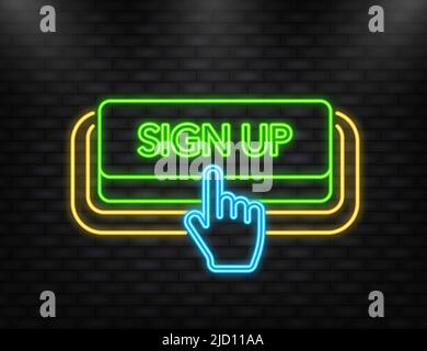 Neon Icon. Icon with green sign up neon button on white background for web marketing design. Flat deign. Stock Vector