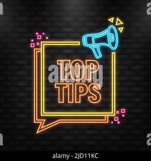 Neon Icon. Top tips megaphone yellow banner in 3D style on white background. Vector illustration Stock Vector
